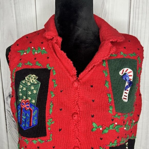 Designers Originals Studio Red Christmas Vest Petite Large PL Collared Vintage - Picture 2 of 10